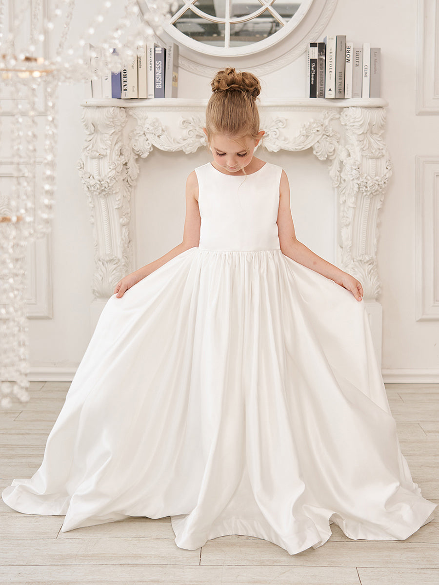 Vestido de niña de las flores de satén sin mangas, corte princesa, con cola y lazo. 