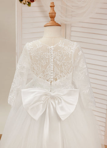 Vestido de niña de las flores para la Primera Comunión, estilo princesa, manga larga y cola de tul. 