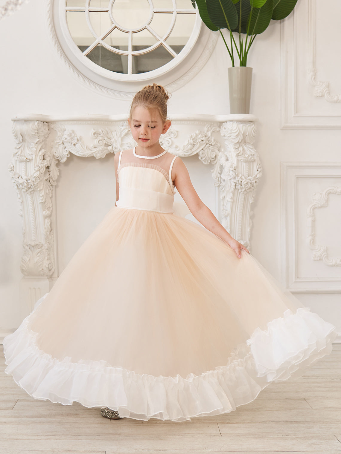 Vestido rosa de corte A, largo hasta el suelo, de tul y organza (010226975) 