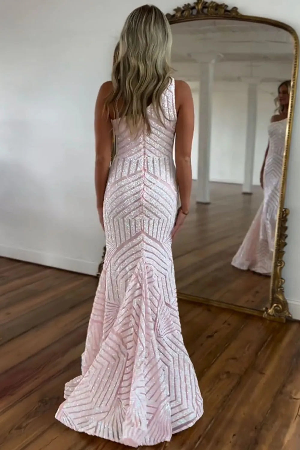 Robe de bal sirène à sequins asymétrique