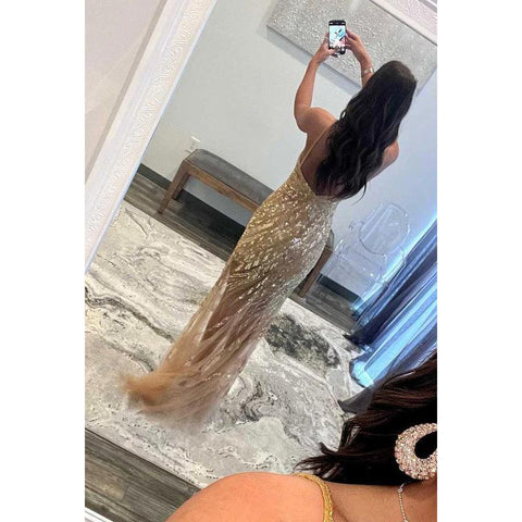V-Neck Cut Outs Sequined Beaded Sheath Long Prom Gown With Slit
