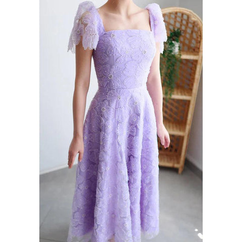 Elegante y lujoso vestido de fiesta de noche cuadrado con apliques y corte en A