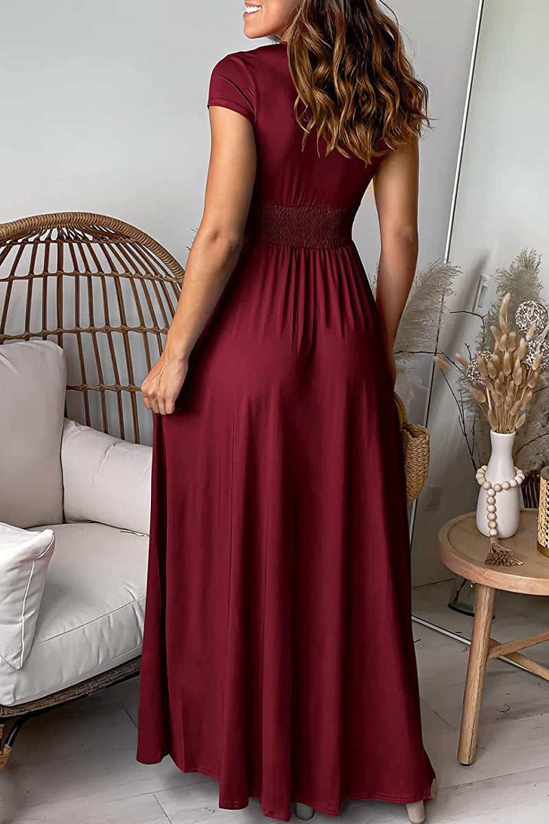 Elegante vestido de noche liso con escote en V y abertura (7 colores) 