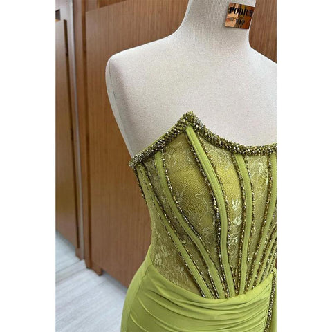 Sheath/column Strapless Beads Long Formal Evening Dress with Slit