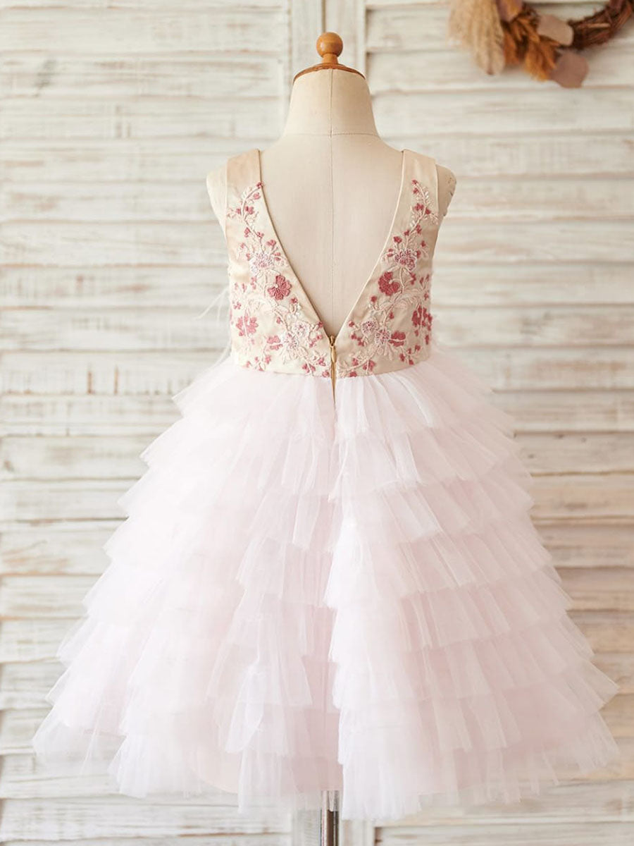 Vestido de princesa/vestido de princesa de satén y tul rosa hasta la rodilla para niña de las flores 