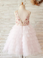 Vestido de princesa/vestido de princesa de satén y tul rosa hasta la rodilla para niña de las flores 