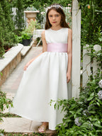 Vestido de novia de satén color marfil con lazo | Vestido de tul hasta el tobillo (010007314) 