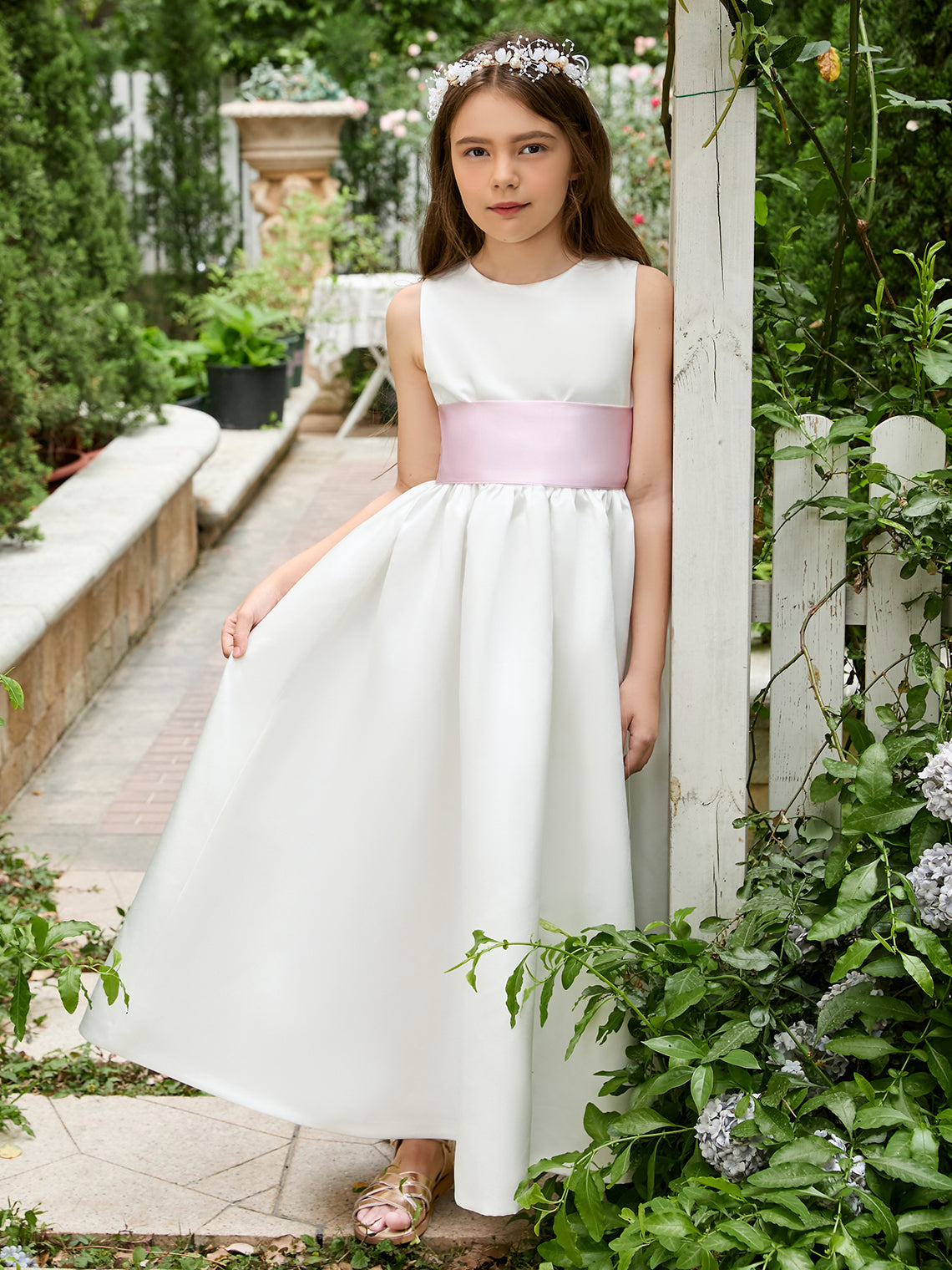Vestido de novia de satén color marfil con lazo | Vestido de tul hasta el tobillo (010007314) 