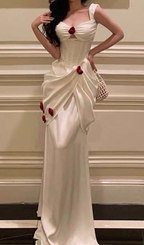 Elegant White Satin Flowers Evening Dress Long Prom Dress Wedding Dress Y7461