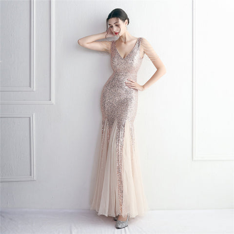 Sequin Mesh Craft Beaded Party Dress: Elegant Long Cocktail Slim Fit Evening Dress