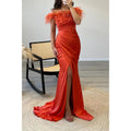 Vestido de noche largo de fiesta con escote en forma de tubo y plumas, hombros descubiertos 