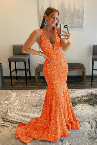 Robe de bal sirène violette à sequins et décolleté plongeant en V, dos nu