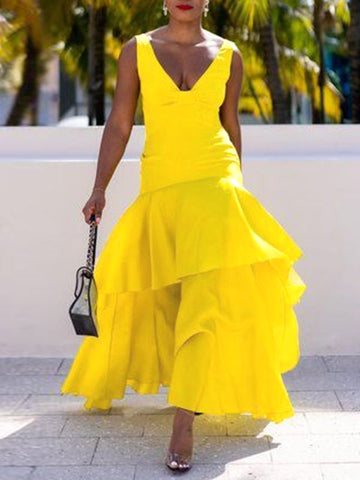 Vestidos largos de noche de corte holgado, color liso, con abertura lateral, escote en V escalonado y corte en A. 