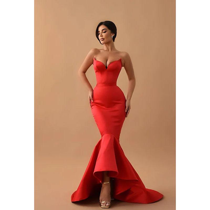 Vestido de noche largo de sirena de satén sin mangas y escote corazón