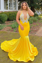 Robe de bal jaune longue sirène à col V et appliques