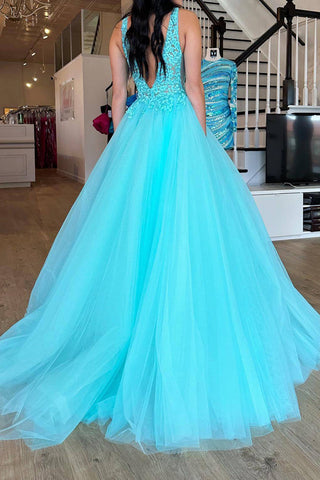 Gorgeous A Line V Neck Purple Long Prom Dress with Appliques