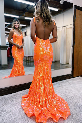 Vestido largo de fiesta de lentejuelas naranjas brillantes estilo sirena