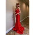 Vestido de fiesta de noche estilo sirena con tirantes finos, escote en V y espalda cruzada