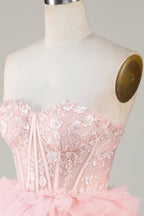 Lindo vestido de fiesta de línea A, escote corazón, corsé rosa claro con volantes
