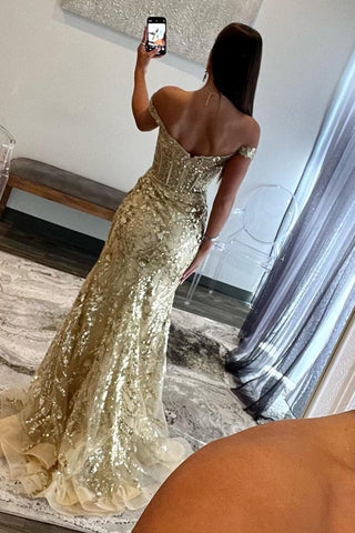 Baoleely Soleil | Gold Sequin Lace Off the Shoulder Mermaid Prom Dress