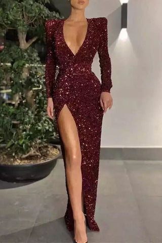 Vestidos de noche formales y sexys con lentejuelas y escote en V 