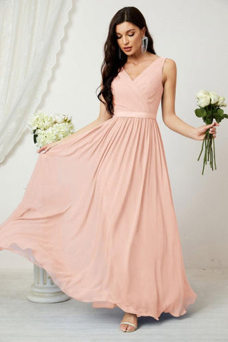 Vestidos largos de dama de honor de gasa para mujer, corte A, sin mangas, vestido formal para fiesta de noche, vestidos de bienvenida 2808 