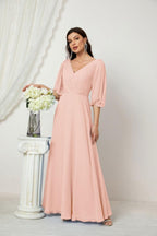 Baoleely  Formal Prom Gown Women V-Neck Chiffon Bridesmaid Dresses Long Bishop Sleeve Party Dress 2807