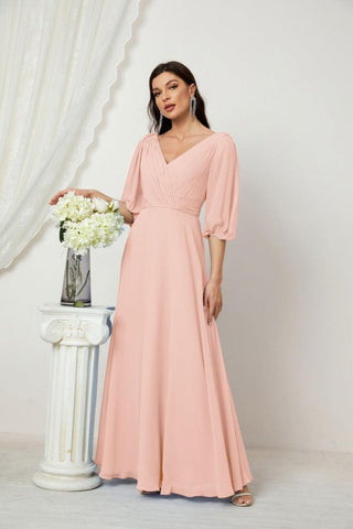 Baoleely  Formal Prom Gown Women V-Neck Chiffon Bridesmaid Dresses Long Bishop Sleeve Party Dress 2807