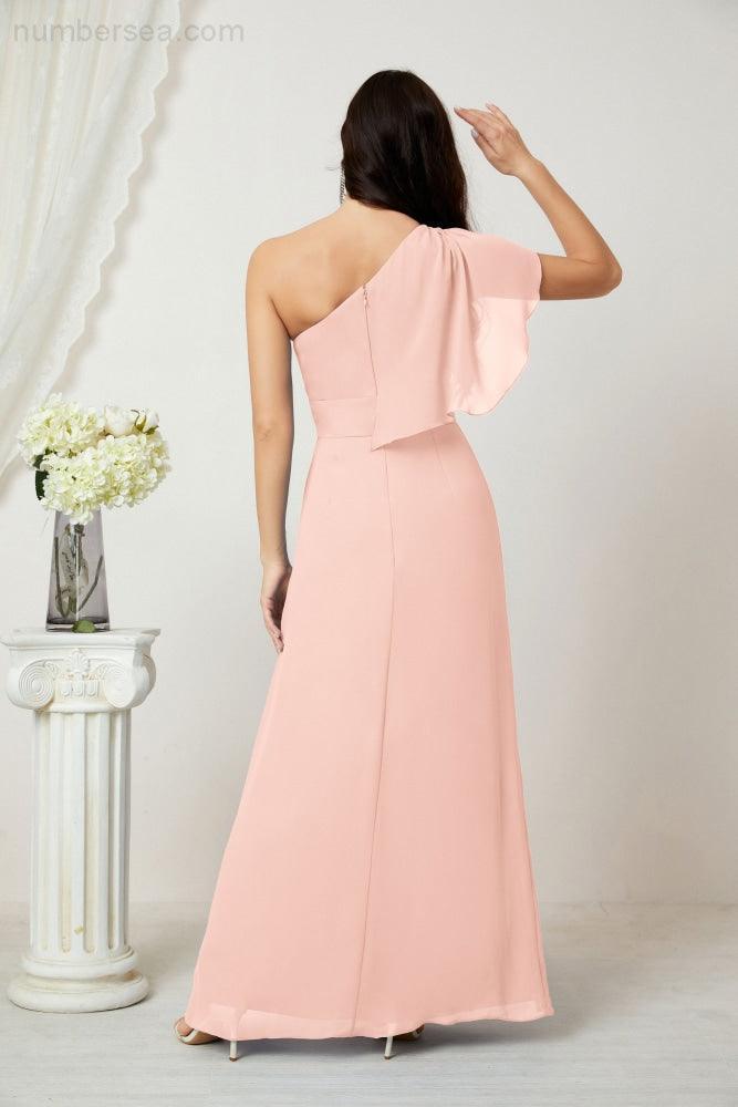 Baoleely  Chiffon Ruffled One Shoulder Long Bridesmaid Dresses A-line Formal Evening Gown Side Split 2809