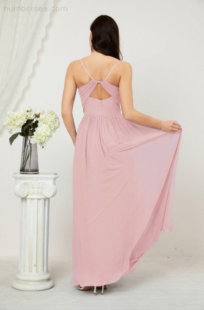 Robe de demoiselle d'honneur en mousseline de soie, longue, coupe trapèze, col en V, pour soirée de mariage, 2801 