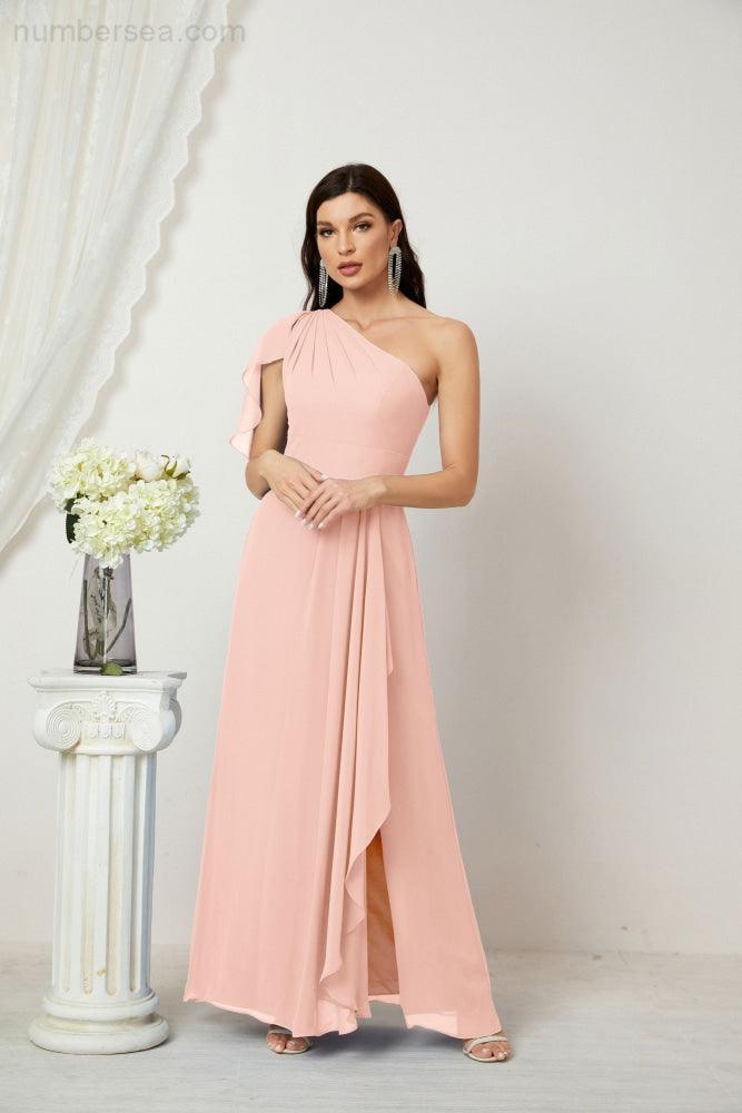 Baoleely  Chiffon Ruffled One Shoulder Long Bridesmaid Dresses A-line Formal Evening Gown Side Split 2809
