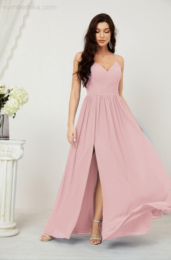 Robe de demoiselle d'honneur en mousseline de soie, longue, coupe trapèze, col en V, pour soirée de mariage, 2801 