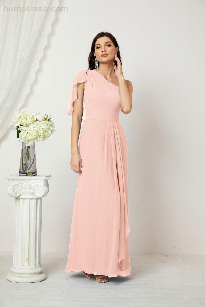 Baoleely  Chiffon Ruffled One Shoulder Long Bridesmaid Dresses A-line Formal Evening Gown Side Split 2809