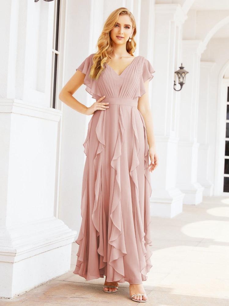 Ruffled Bridesmaid Dresses with Sleeves Long Formal Party Dress 28041