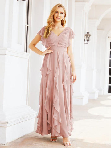 Vestidos de dama de honor con volantes y mangas, vestido largo de fiesta formal 28041 