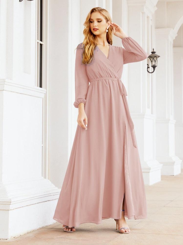Vestido de dama de honor de gasa para mujer Sunderly, corte en A, manga larga, vestido de noche formal para invitada de boda SY28032 