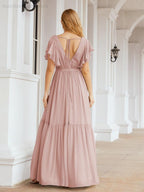 Baoleely Women's Open Back Formal Evening Party Prom Gowns V-Neck Long Chiffon Bridesmaid Dresses with Waist Belt 28038