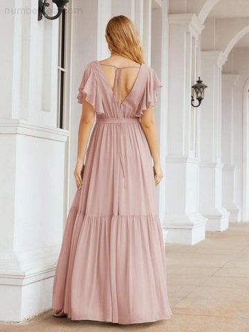 Vestido de fiesta formal de noche con espalda descubierta para mujer Baoleely, escote en V, largo, de gasa, con cinturón a la cintura 28038