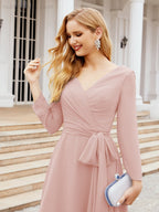 Robe de demoiselle d'honneur dos nu en V avec ceinture à la taille - Mère de la mariée - Invitée au mariage SY28031