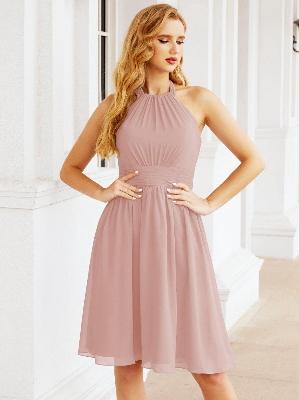 Robe de demoiselle d'honneur courte en mousseline de soie, dos nu, sans manches, robe de soirée formelle, dos nu, Baoleely 28023 