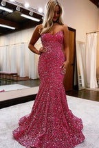 Robe de bal longue sirène à sequins scintillants, décolleté cœur royal
