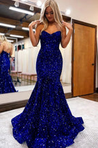 Robe de bal longue sirène à sequins scintillants, décolleté cœur royal