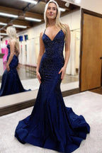 Spaghetti Straps Mermaid Long Prom Dress with Beading