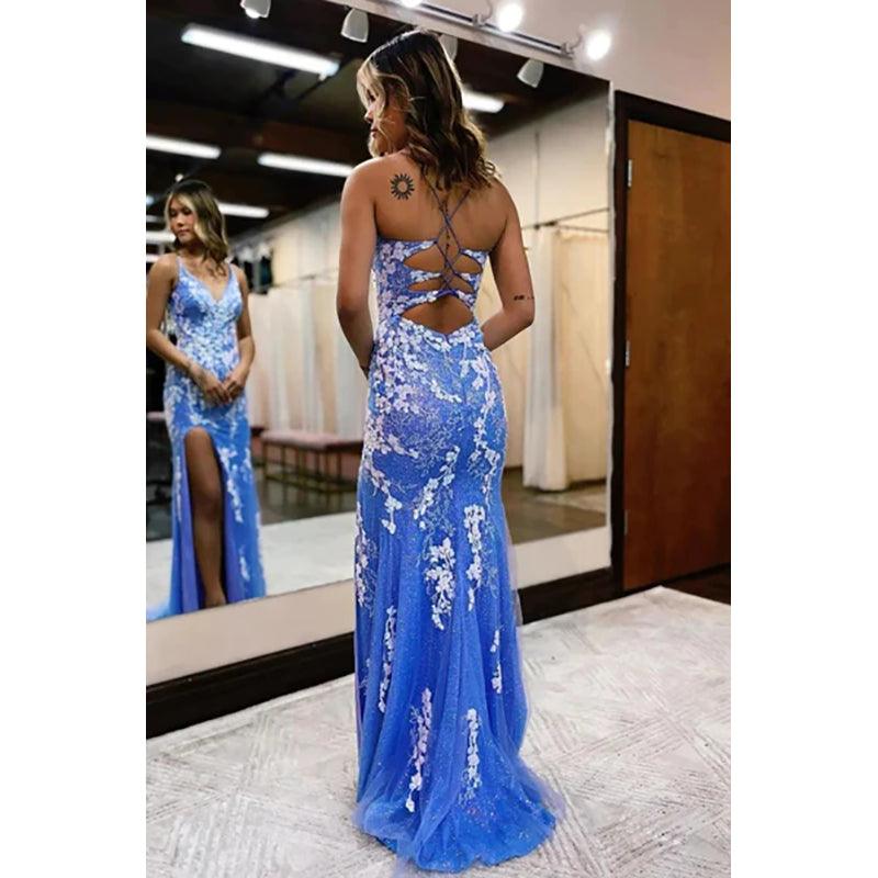 Robe de bal longue en dentelle sirène bleu pailleté avec fente