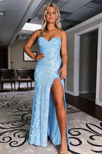 Robe de bal longue sirène à fines bretelles et sequins avec appliques
