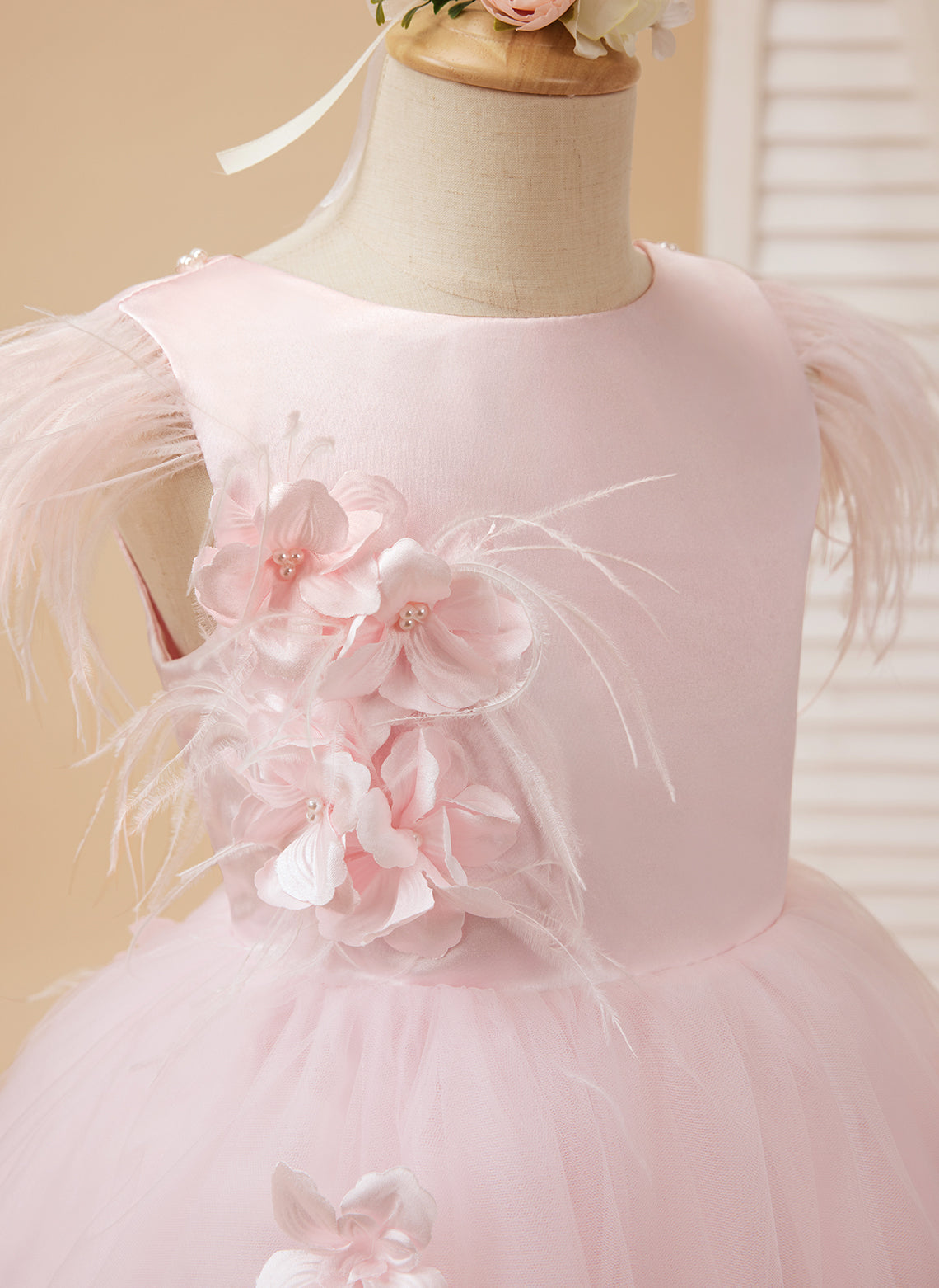 Vestido de niña de las flores de tul sin mangas estilo princesa con cuentas y lazo de plumas (010224704) 