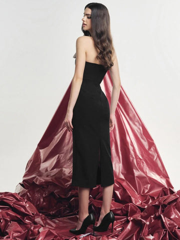 Vestido largo TARUXY negro con lazo y abertura, ajustado, sexy, con hombros descubiertos, ideal para bodas, fiestas y eventos elegantes. 