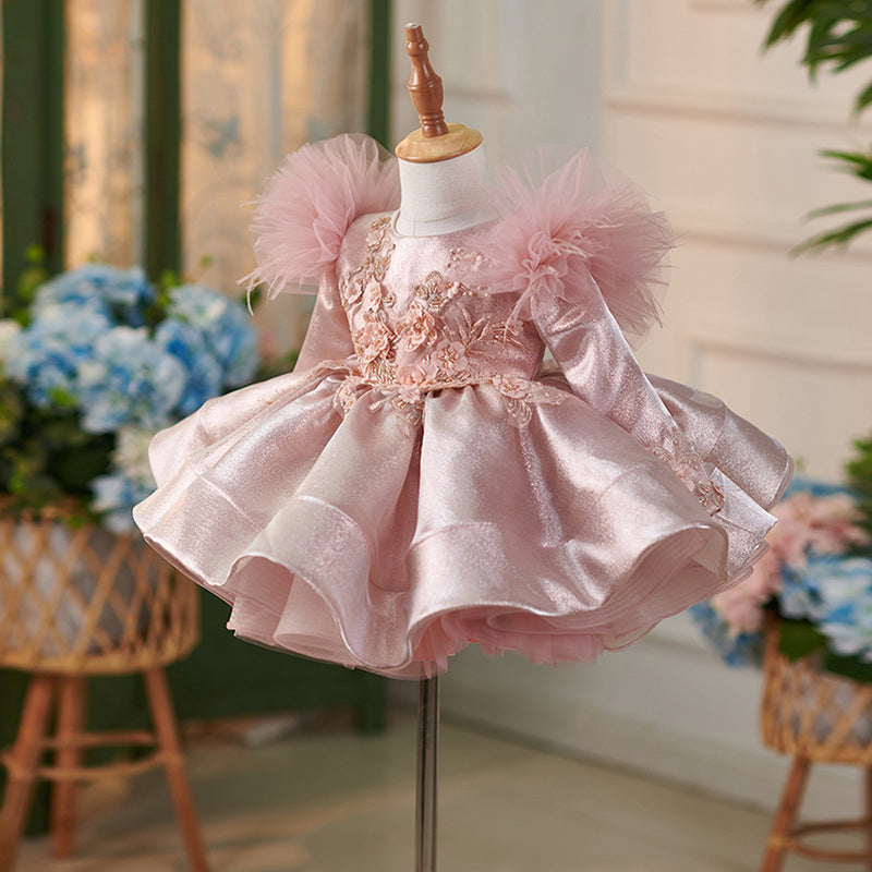 Vestido de tul satinado hasta la rodilla para fiesta de primer cumpleaños de niña 