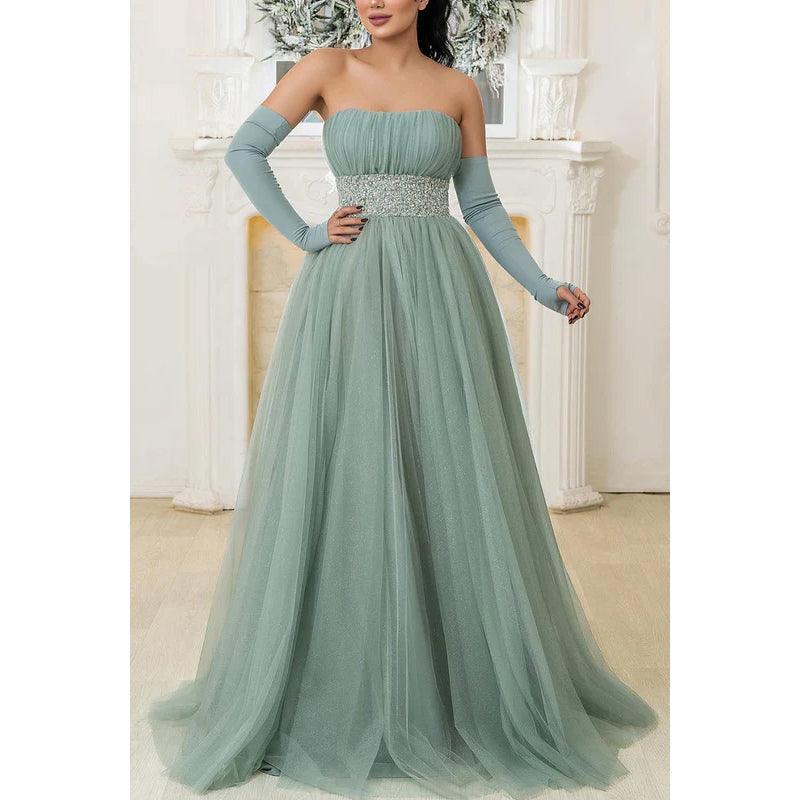 Robe de mariée longue trapèze en tulle froncé à paillettes et sans bretelles