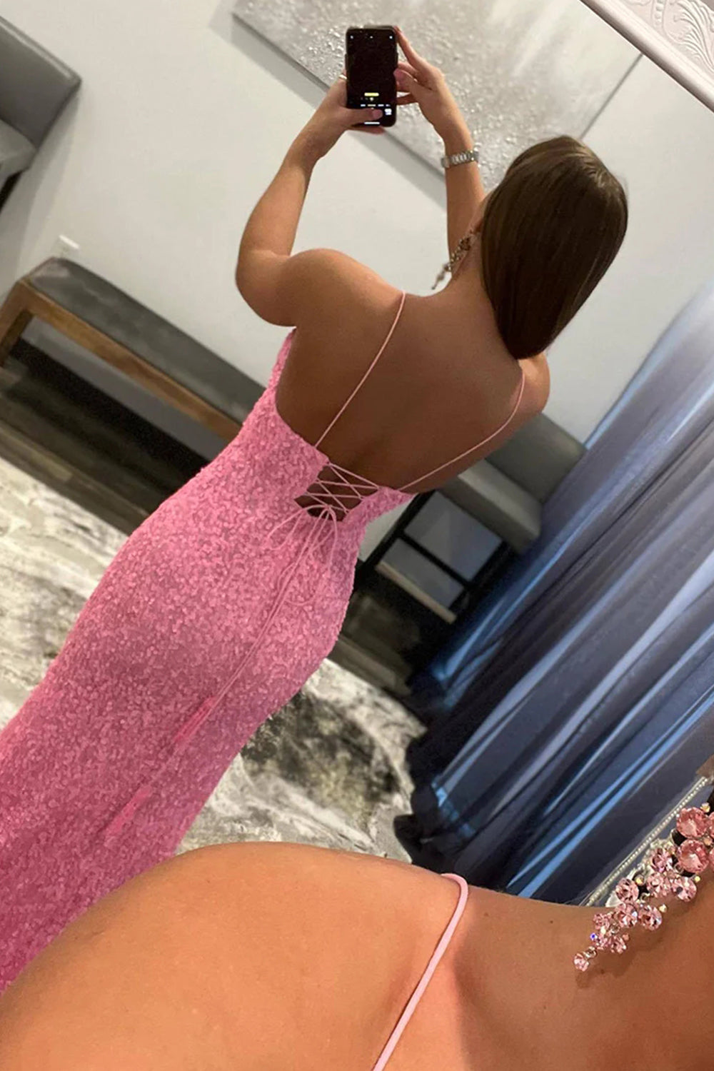 Sparkly Detachable Train Sequins Prom Dress with Slit